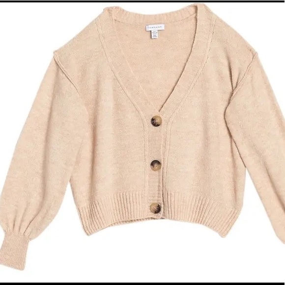 Topshop Oatmeal Tan Beige  Balloon Sleeve Drop Shoulder Cropped Cardigan Small - Picture 1 of 9
